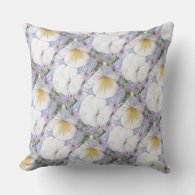 WITTE EN BLAUWE PANSIES PATIO PILLOW BUITENKUSSEN (Voorkant)