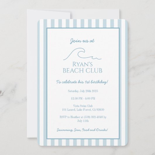 Witte en Blauwe Streep Beach Club Cabana Verjaarda Kaart (Voorkant)