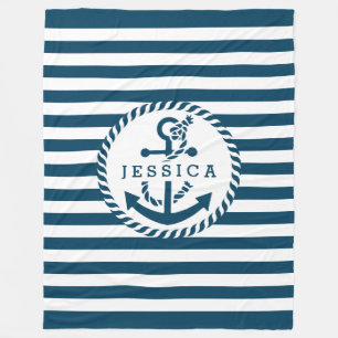 Witte en blauwe strepen en nautische boot anker 2 fleece deken