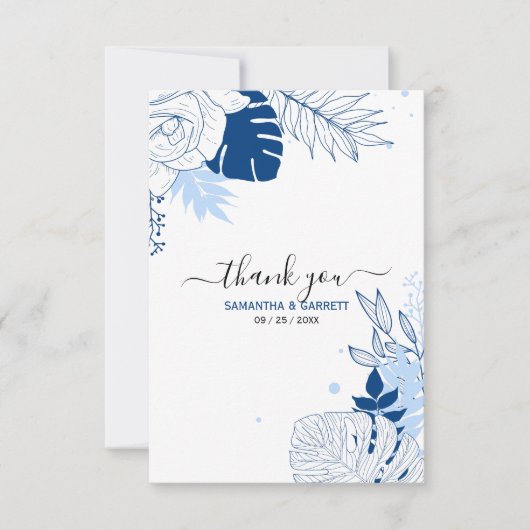 Witte en blauwe tropische bladeren bedankkaart (Voorkant)