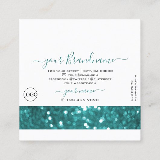 Witte en Blauwgroen mousserende glitter met Logo Vierkante Visitekaartje (Achterkant)