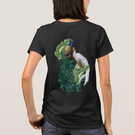 Witte en blauwgroene koninklijke pacocks t-shirt (Achterkant)