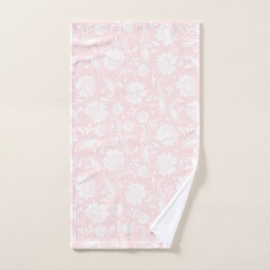 Witte en bleek roze bloemdamast | monogram bad handdoek (Handdoek)
