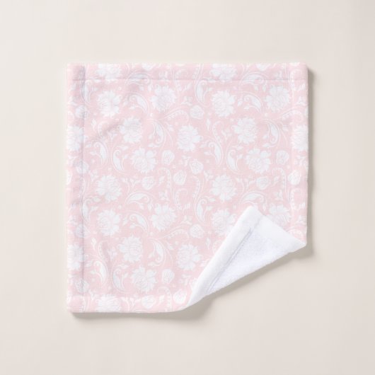 Witte en bleek roze bloemdamast | monogram bad handdoek (Wasdoekje)