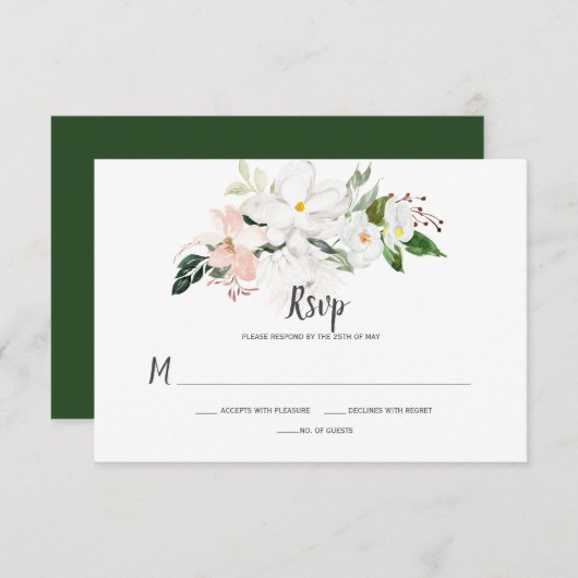 Witte en Blush Roze Orchideeën en Magnolia's RSVP (Voorkant / Achterkant)