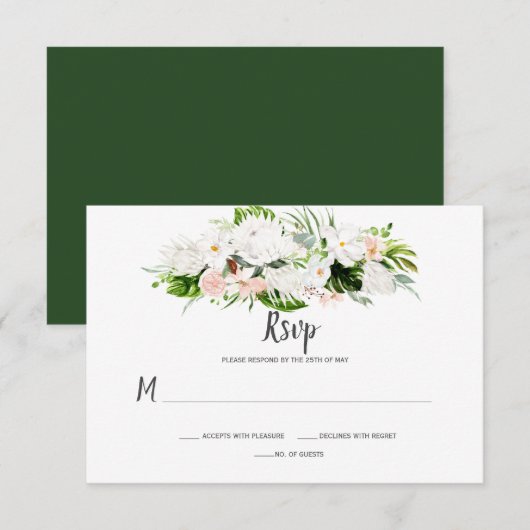 Witte en Blush Roze Tropische Waterverf Bloemen RSVP Kaartje (Voorkant / Achterkant)