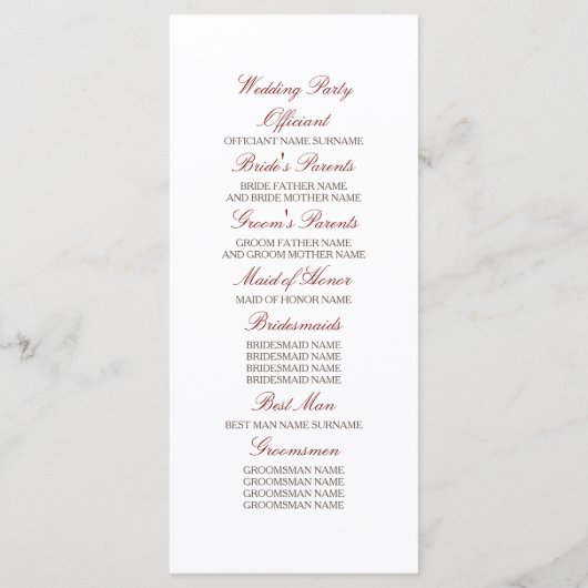 Witte en Bourgondische Rode Bloemen Bruiloft Progr Programmakaart (Achterkant)