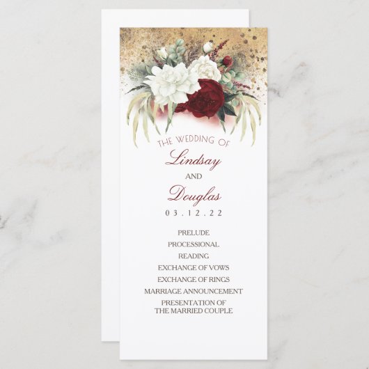 Witte en Bourgondische Rode Bloemen Bruiloft Progr Programmakaart (Voorkant / Achterkant)