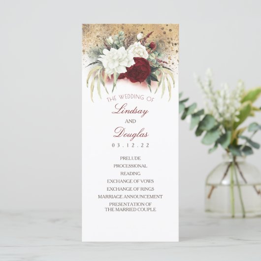 Witte en Bourgondische Rode Bloemen Bruiloft Progr Programmakaart (Staand voorkant)