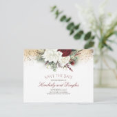 Witte en Bourgondische rode bloemen sparen de datu Aankondigingskaart (Staand voorkant)