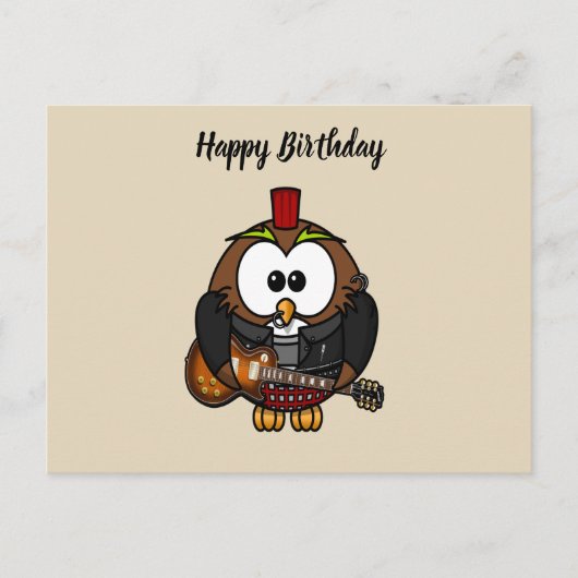 Witte en bruine uil die gitaar met rood pet speelt briefkaart (Voorkant)