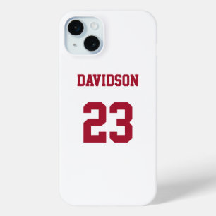 Witte en Diepe Rode Jersey Naam Nummer Custom iPhone 15 Mini Hoesje