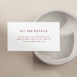 Witte en Donkerrode Elegante Tekst | Trouwgegevens Informatiekaartje<br><div class="desc">Deze minimalistische en elegante gastendetailkaarten zijn voorzien van donkerrode,  kastanjebruine tekst op een witte achtergrond,  voor een eenvoudige en stijlvolle look. Vul de details in met betrekking tot hotelaccommodaties,  routebeschrijving en andere belangrijke informatie voor uw gasten.</div>