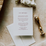 Witte en donkerrode tekst | Details bruiloft gast Informatiekaartje<br><div class="desc">Deze minimalistische en elegante huwelijksgastendetailinformatiekaarten bevatten donkerrode tekst op een witte achtergrond,  voor een eenvoudige en stijlvolle look. U kunt deze kaarten gebruiken voor routebeschrijving,  ontvangst- of vervoersinformatie,  hotel- of accommodatiegegevens en alle andere trouwgegevens die u uw gasten moet weten.</div>