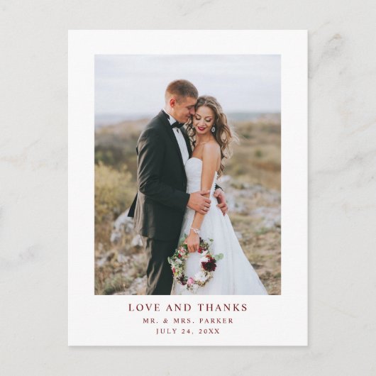 Witte en donkerrode tekst | Foto bruiloft dank u Briefkaart (Voorkant)