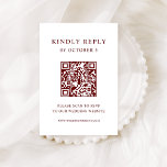 Witte en donkerrode tekst | QR-code bruiloft RSVP Kaartje<br><div class="desc">Deze minimalistische en elegante scanbare QR-code trouwreactiekaart is voorzien van moderne donkerrode tekst op een witte achtergrond,  voor een eenvoudige en stijlvolle look. Uw gasten kunnen eenvoudig de code scannen om uw trouwwebsite en rsvp online te bezoeken.</div>