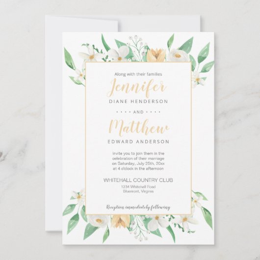 Witte en Gele Bloemen Ingelijste Bloemen Huwelijk Kaart (Voorkant)