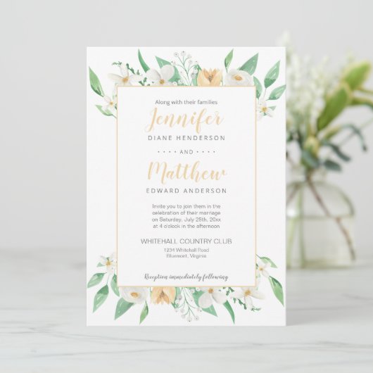 Witte en Gele Bloemen Ingelijste Bloemen Huwelijk Kaart (Staand voorkant)