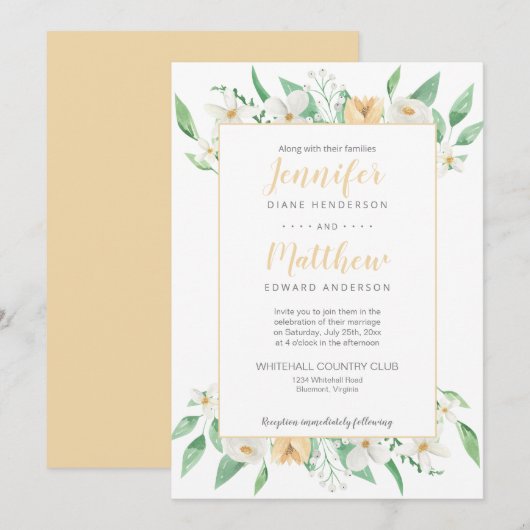 Witte en Gele Bloemen Ingelijste Bloemen Huwelijk Kaart (Voorkant / Achterkant)