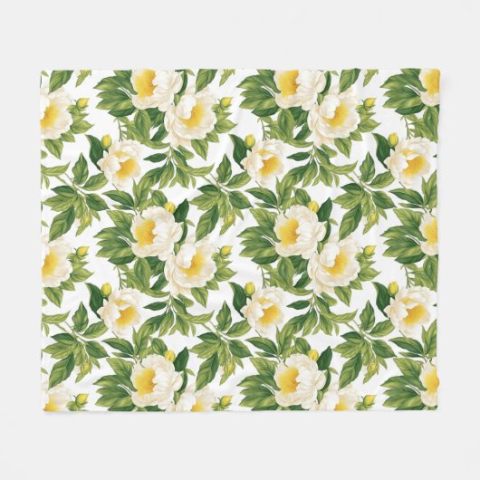 Witte en gele Claire de Lune pioenen Fleece Deken (Voorkant (Horizontaal))