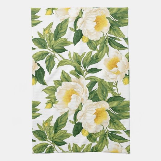 Witte en gele Claire de Lune pioenen Theedoek (Verticaal)