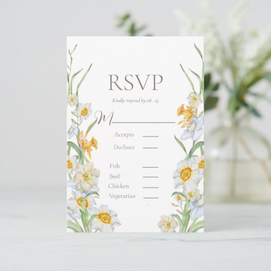 Witte en gele Daffodil Floral Border Wedding RSVP (Staand voorkant)