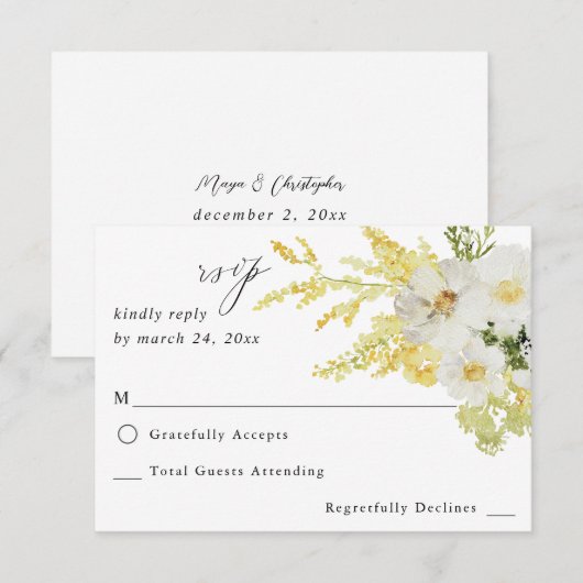 Witte en gele Floral geen Mal RSVP 2 Kaartje (Voorkant / Achterkant)