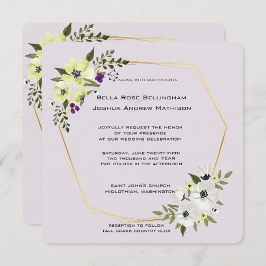 Witte en gele Floral met gouden bruiloft Kaart (Voorkant / Achterkant)