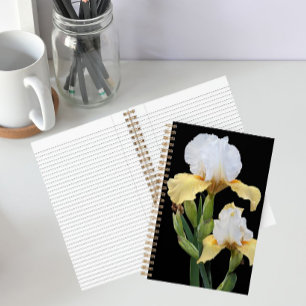Witte en Gele Irissen op Zwarte Bloemen Notitieboek