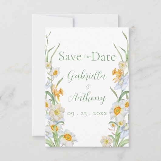 Witte en gele narcis bloem groen schrift save the date (Voorkant)