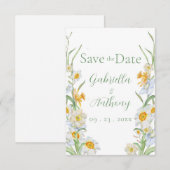 Witte en gele narcis bloemig groen schrift save the date (Voorkant / Achterkant)