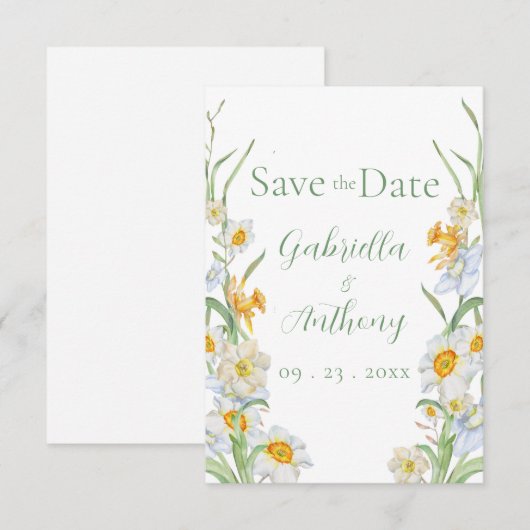 Witte en gele narcis bloemig groen schrift save the date (Voorkant / Achterkant)