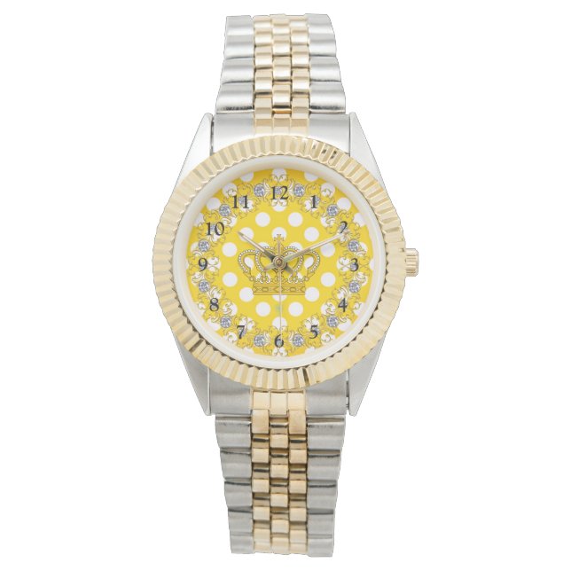 Witte en gele poka Dots Crown Wristwatch Horloge (Voorkant)