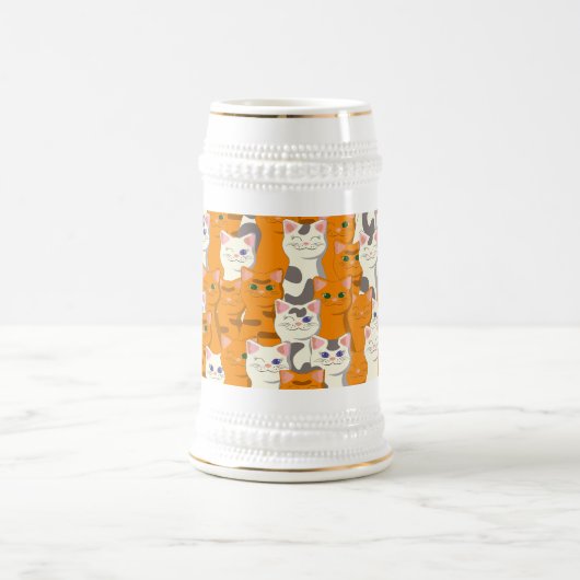 Witte en gember katten patroon groene ogen blauwe bierpul (Center)