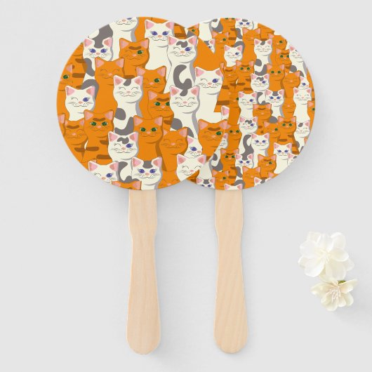 Witte en gember katten patroon groene ogen blauwe  handwaaier (Voorkant en achterkant)