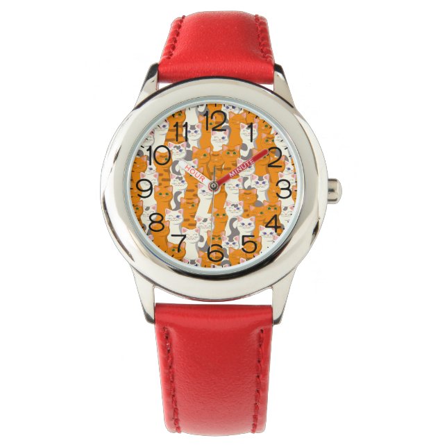 Witte en gember katten patroon groene ogen blauwe  horloge (Voorkant)