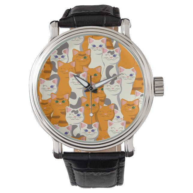 Witte en gember katten patroon groene ogen blauwe  horloge (Voorkant)