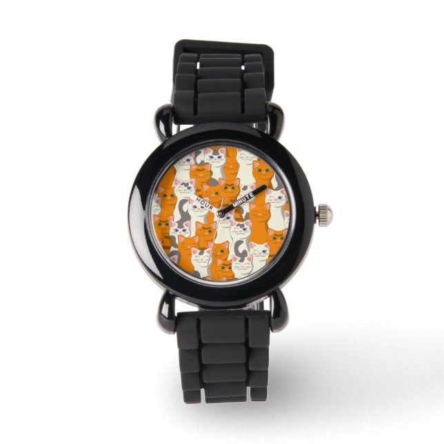 Witte en gember katten patroon groene ogen blauwe  horloge (Voorkant)