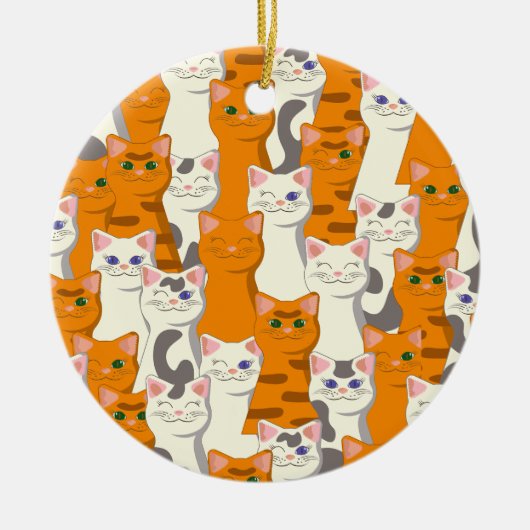 Witte en gember katten patroon groene ogen blauwe keramisch ornament (Voorkant)