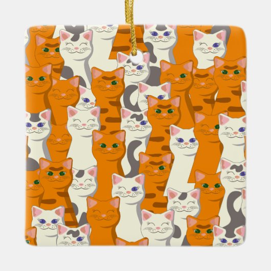 Witte en gember katten patroon groene ogen blauwe keramisch ornament (Voorkant)