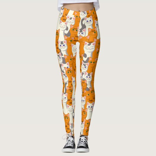 Witte en gember katten patroon groene ogen blauwe  leggings (Voorkant)