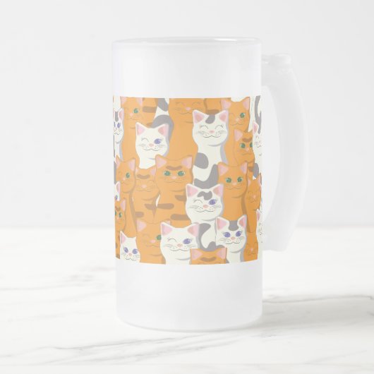 Witte en gember katten patroon groene ogen blauwe  matglas bierpul (Voorkant rechts)
