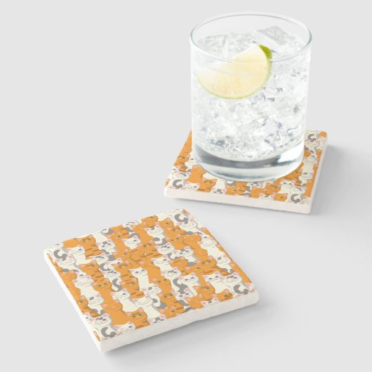 Witte en gember katten patroon groene ogen blauwe stenen onderzetter (Zijkant)