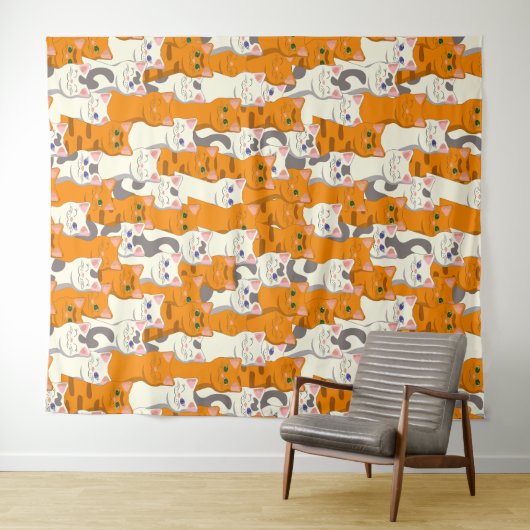 Witte en gember katten patroon groene ogen blauwe wandkleed (In Situ (horizontaal))