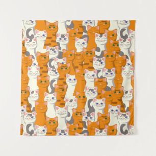 Witte en gember katten patroon groene ogen blauwe  wandkleed