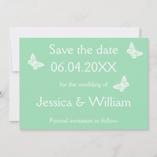 Witte en gemint groene vlinders bewaren de datum save the date (Voorkant)