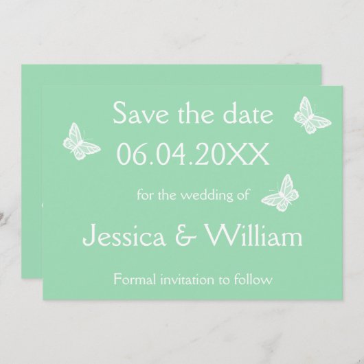 Witte en gemint groene vlinders bewaren de datum save the date (Voorkant / Achterkant)