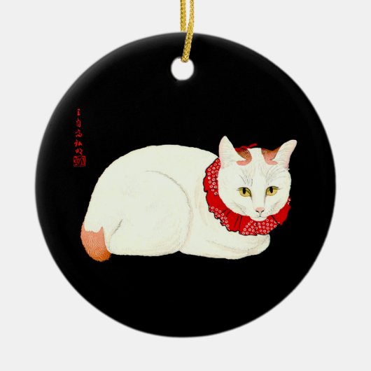 Witte en Ginger Japanse Kat Keramisch Ornament (Voorkant)