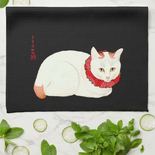 Witte en Ginger Japanse Kat Theedoek (Gevouwen)