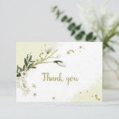 witte en goudbloemen groene bladeren botanische bedankkaart (Staand voorkant)